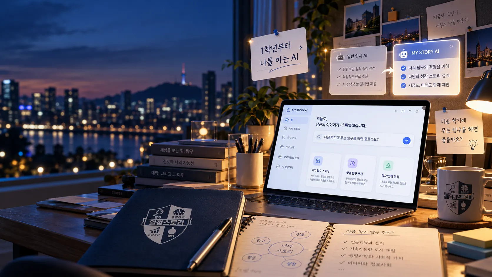 MY STORY AI 화면이 켜진 밤의 책상