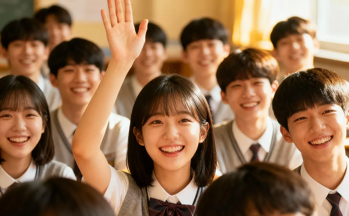 이제는 중학생이다 — 수업 중 손을 들고 환하게 웃는 중학생들